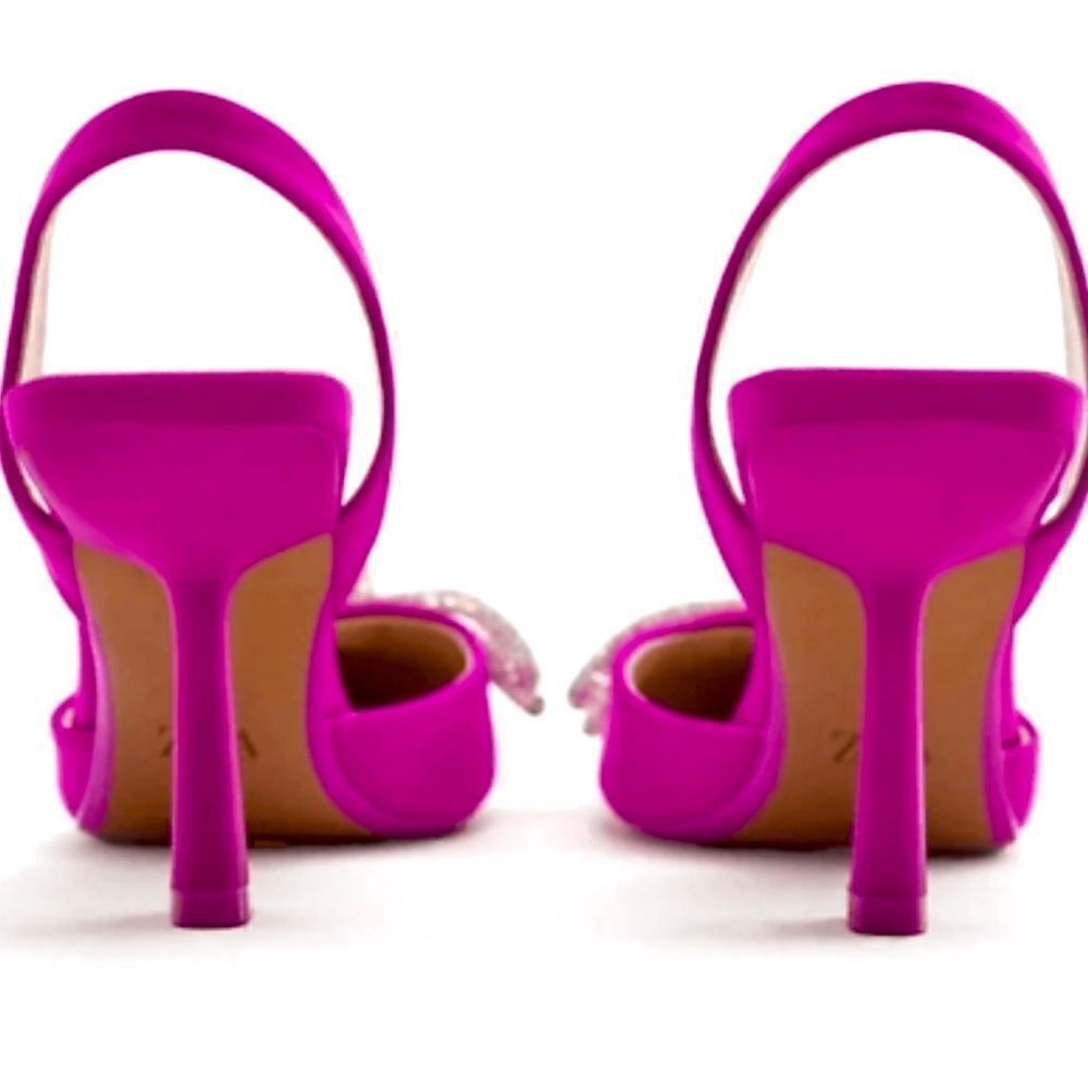 NWT ZARA Fuchsia Pink Satin Embellished Crystal Bow Sling Back Heels Sz 6.5 - Picture 4 of 4